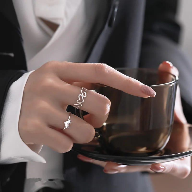 2pcs Alloy Silver Plated Trendy Heart Design Ring Set