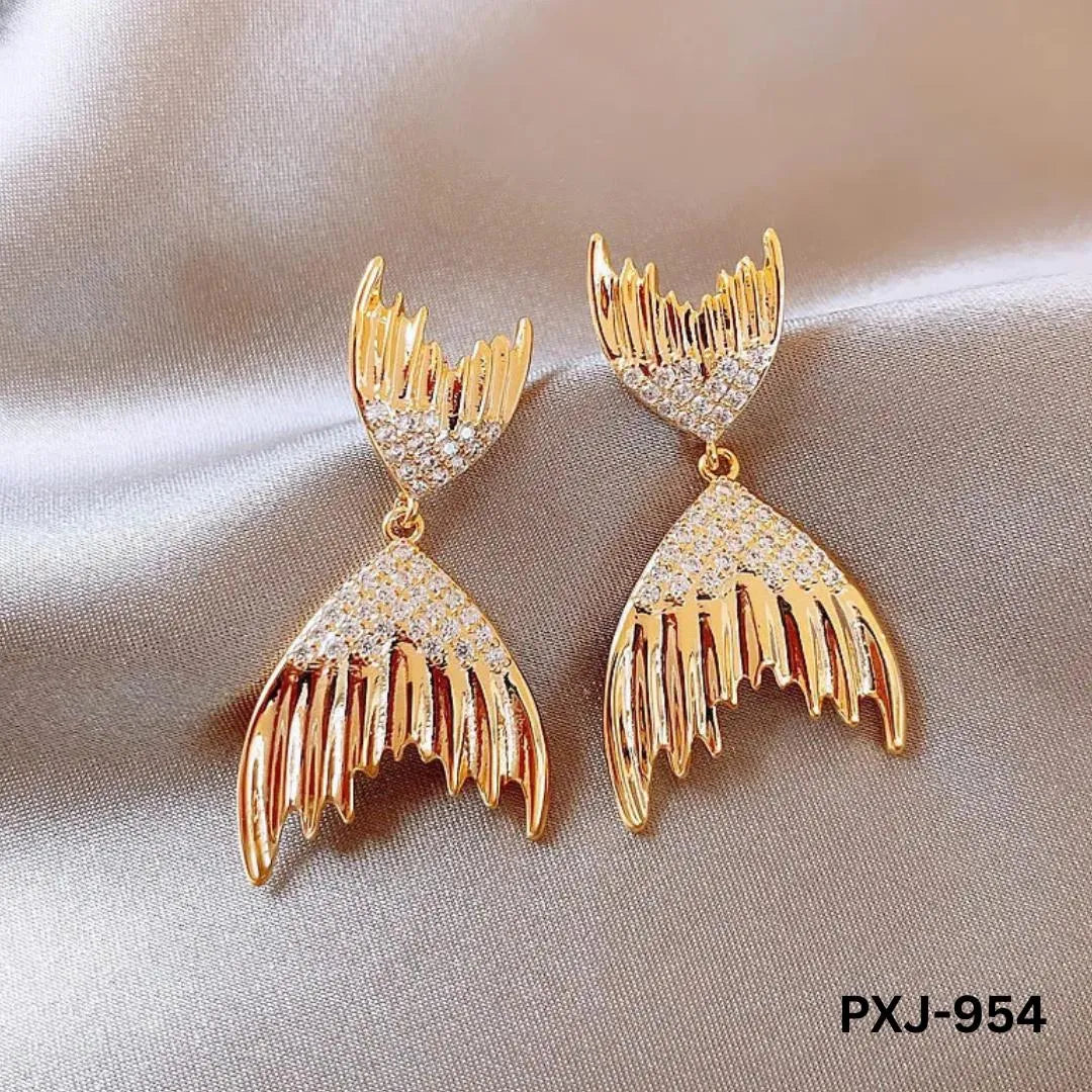 Golden Fish Tail Earrings with Crystals for Women
