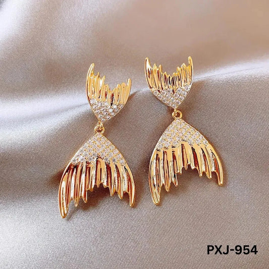 Golden Fish Tail Earrings with Crystals for Women