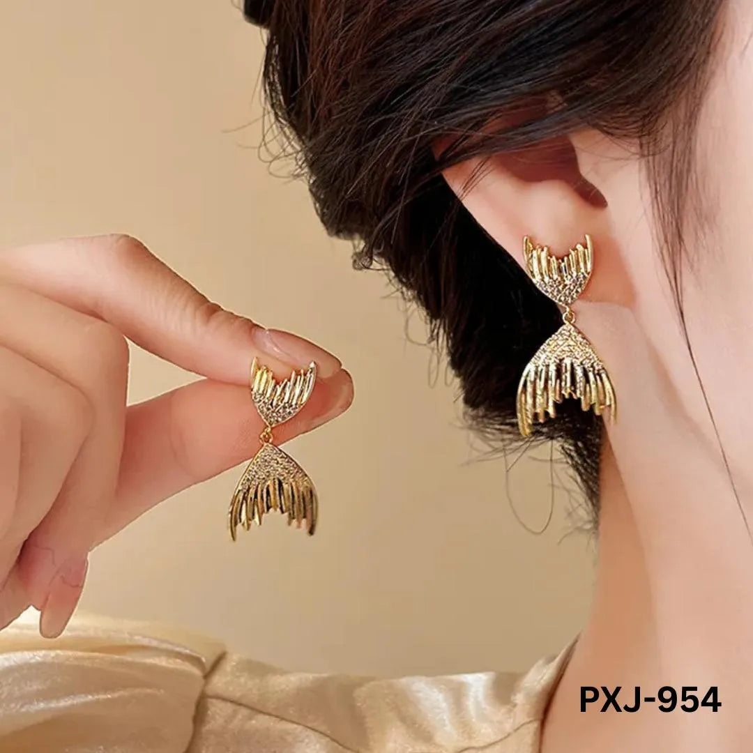 Golden Fish Tail Earrings with Crystals for Women